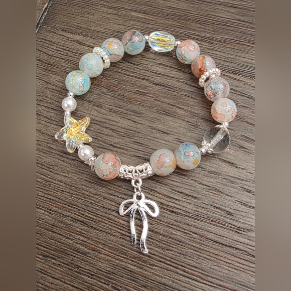 Jewelry - Beach Glass Beaded Bracelet – Starfish & Bow Charm  +Free Gift 🎁